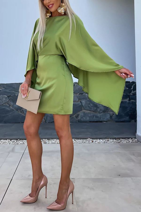 MW | Schöne Flügel Satin Schmetterling Ärmel Elastische Taille Formales Minikleid