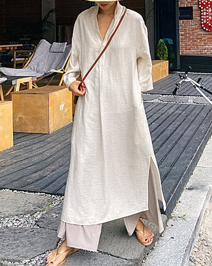 MW | Lässig Lose Langarm Solide Farbe V-Ausschnitt Sommer Maxi Shirt Kleid