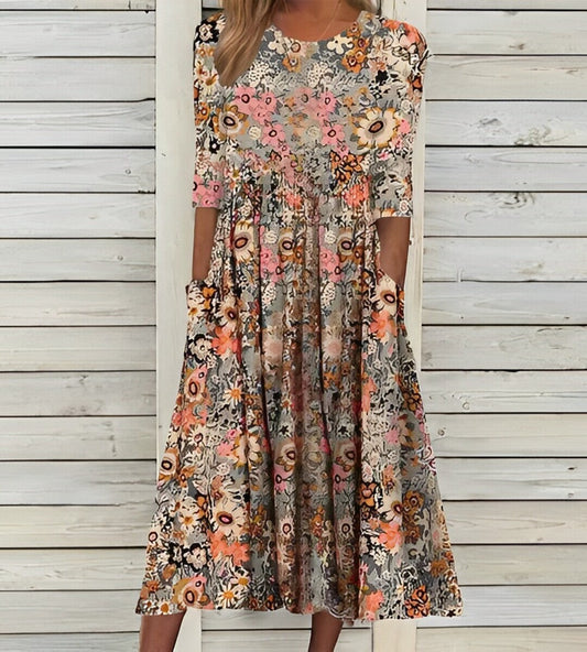 EM | Bedrucktes Midikleid mit Rundhalsausschnitt und Taschen