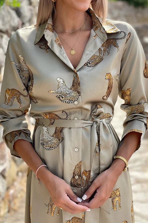 MW | Jetzt Trending Tiger Print Satin Shirt Maxikleid