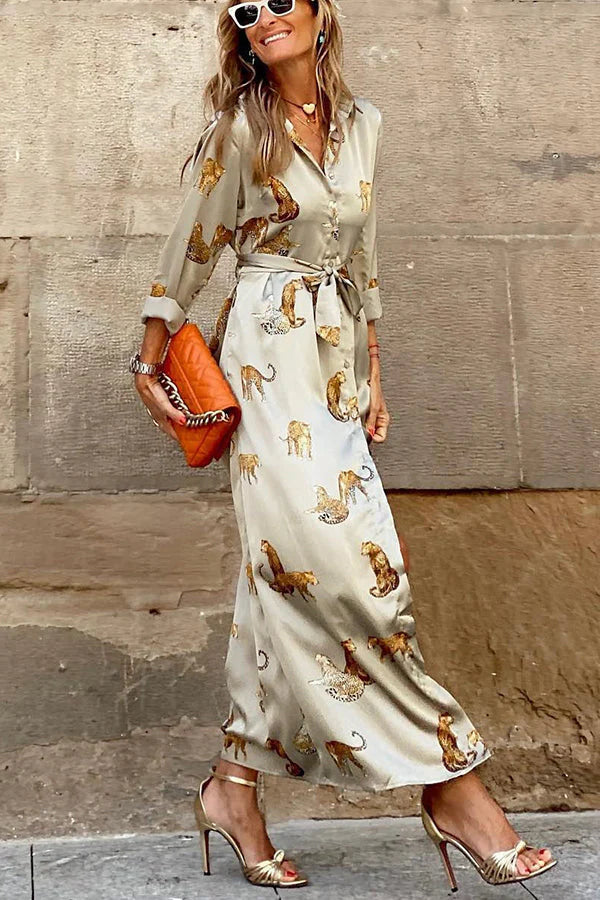 MW | Jetzt Trending Tiger Print Satin Shirt Maxikleid