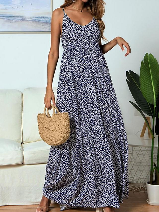 MW | Trägerkleid Maxikleid langes Kleid ärmelloses Print Hot Rot Marineblau S M L XL