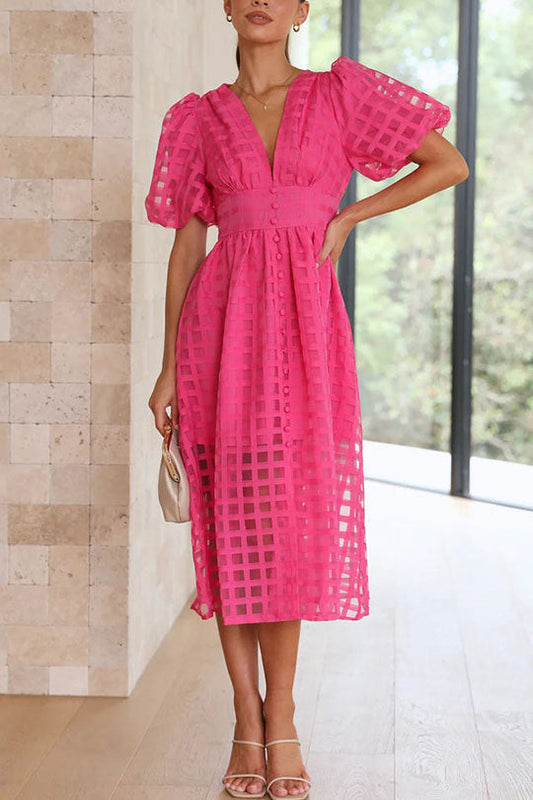 MW | Remarkable Beauty Quadratisch Gemusterter Stoff Puffärmel Party Midi Kleid