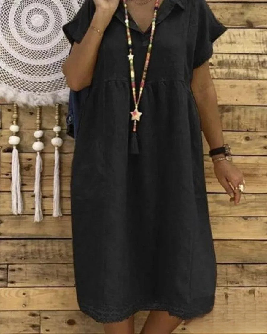 EM | Kurzärmeliges Midikleid aus Baumwolle und Leinen, Übergrößen für Damen