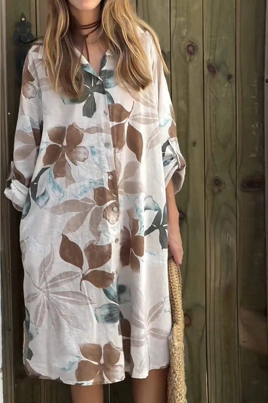 MW | Botanical Print Langärmeliges, einreihiges, lockeres Midikleid mit Taschen