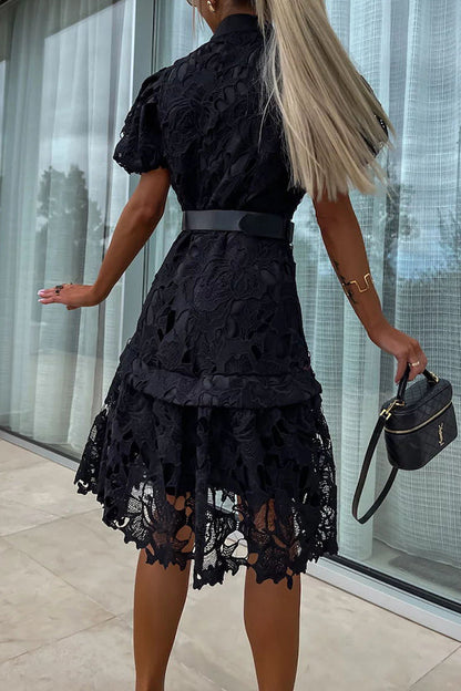 MW | Absolut Elegant Floral Crochet Lace Puff Sleeve Belted Shirt Midi Dress