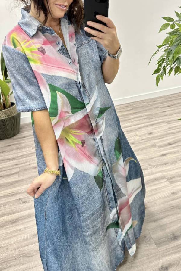 MW | Faux Denim Stoff Orchidee Print Pocketed Shirt Maxikleid