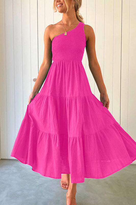 MW | Schulterfreies, ärmelloses, gerafftes Maxikleid mit Rüschen