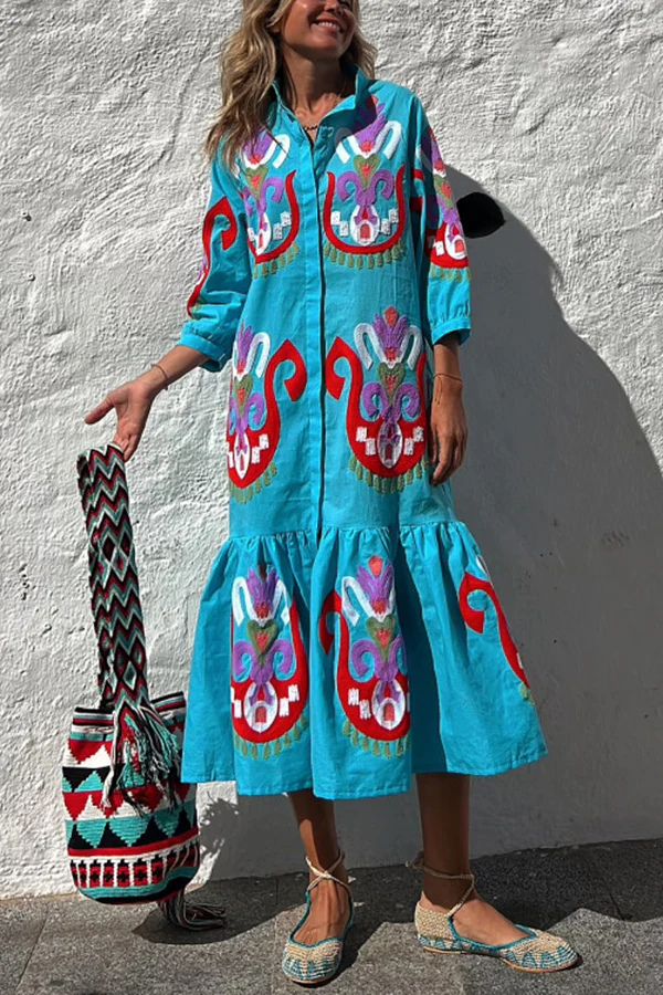 MW | Take Me To Cabo Ethnische Einzigartiger Druck Knopf Lose Shirt Midi Kleid