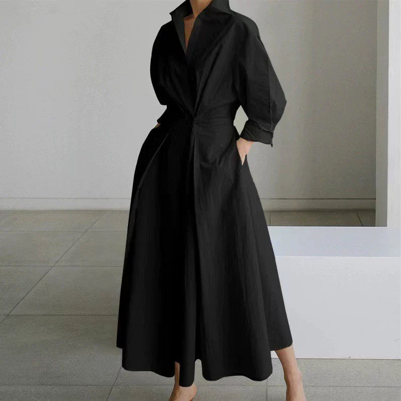 MW | Women's Shirt Dress - Knopfleiste - Cinched Waist - A-Linien-Passform - lange Ärmel - Taschen