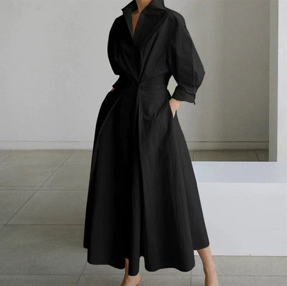 MW | Women's Shirt Dress - Knopfleiste - Cinched Waist - A-Linien-Passform - lange Ärmel - Taschen