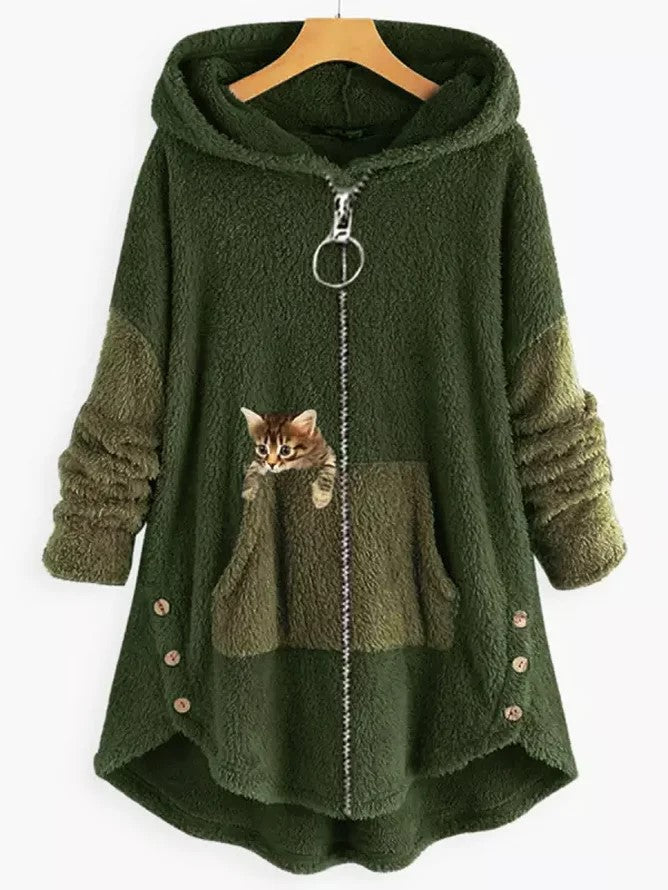 EM | Kuschelige Fleece-Kapuzenjacke mit liebenswertem Katzenprint
