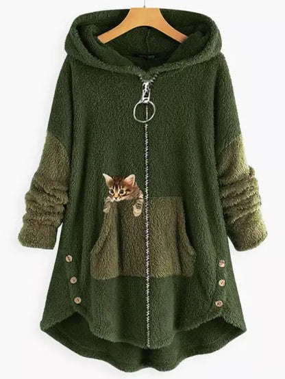 EM | Kuschelige Fleece-Kapuzenjacke mit liebenswertem Katzenprint
