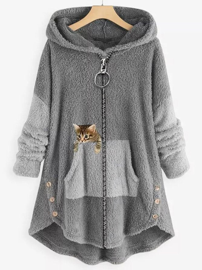 EM | Kuschelige Fleece-Kapuzenjacke mit liebenswertem Katzenprint
