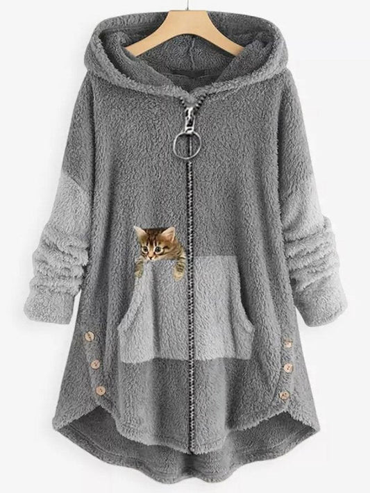 EM | Kuschelige Fleece-Kapuzenjacke mit liebenswertem Katzenprint