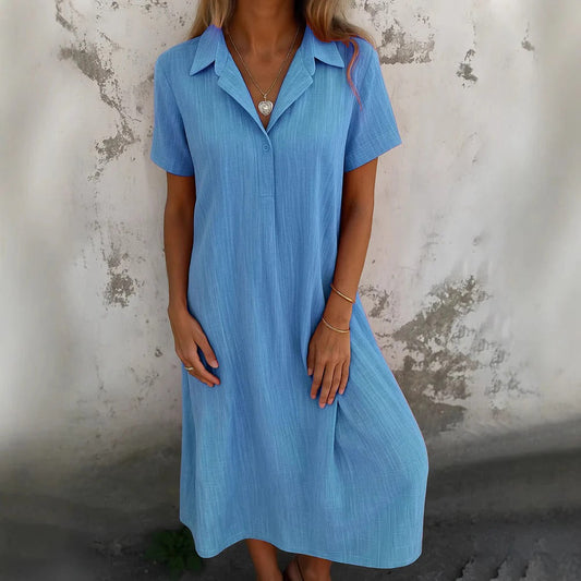 MW | Women's Shirt Dress - Relaxed Fit - Baumwolle - Midi Länge - Kurze Ärmel - Casual Wear