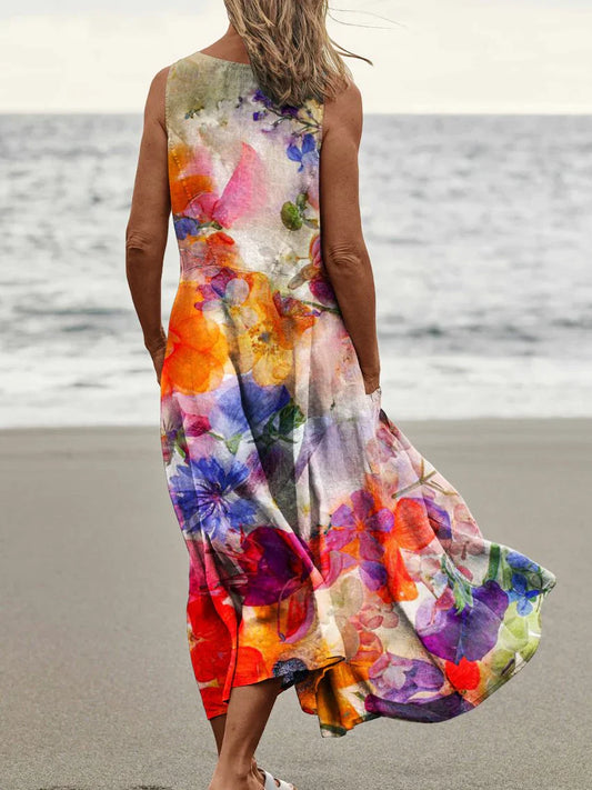 MW | Leinenkleid mit Taschen und Frühlingsprint