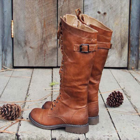 EM | Vintage-Kniehohe Schnürstiefel