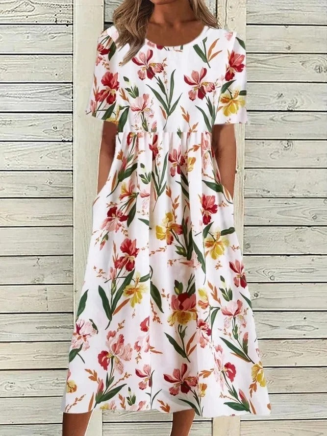 EM | Bedrucktes Midikleid mit Rundhalsausschnitt und Taschen