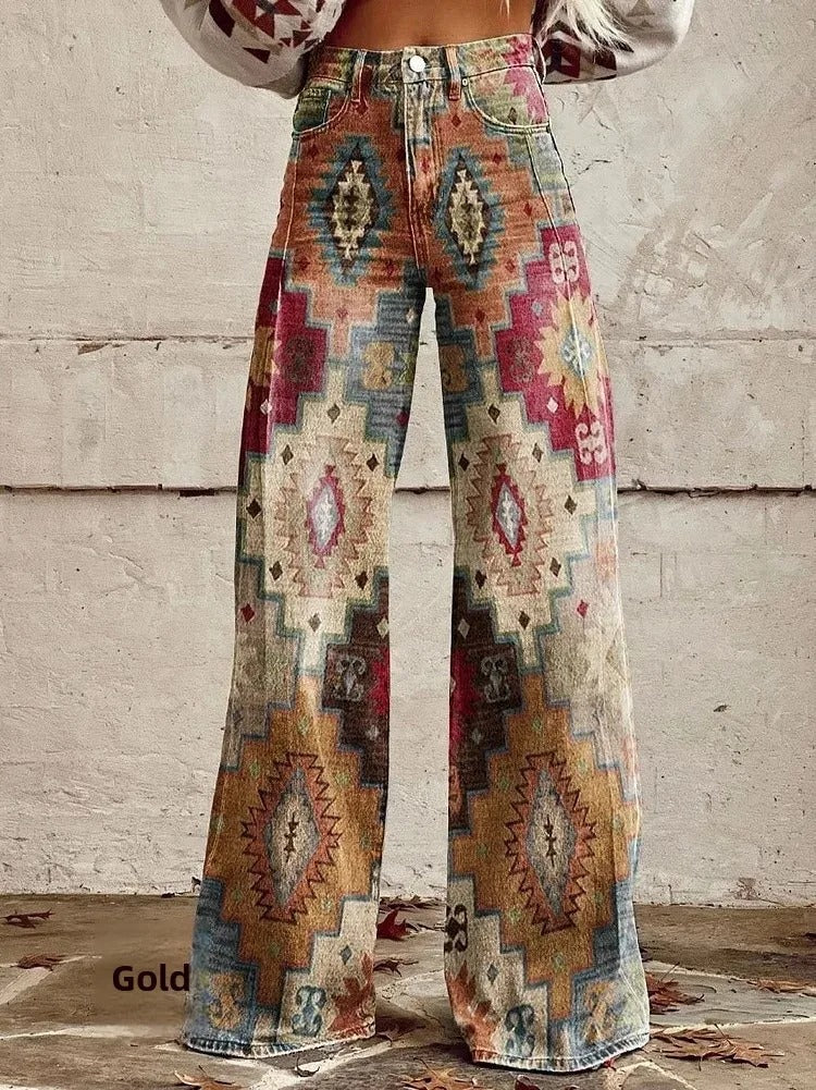 EM |  Bedruckte Denim-Jeans mit hoher Taille und weitem Bein