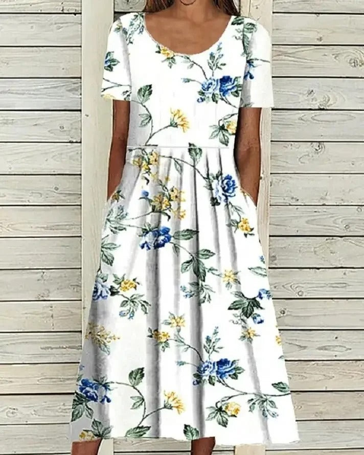 EM | Bedrucktes Midikleid mit Rundhalsausschnitt und Taschen