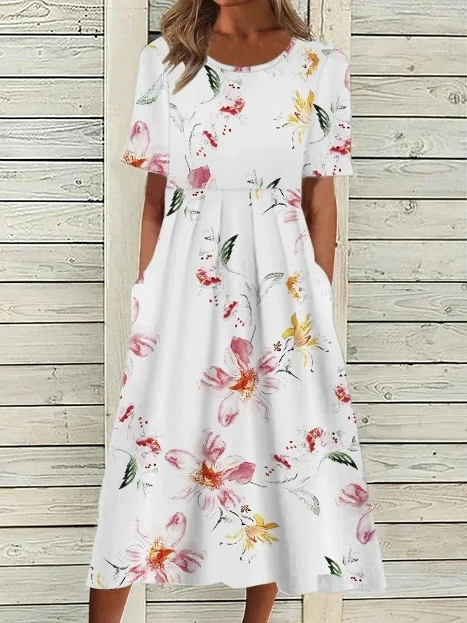 EM | Bedrucktes Midikleid mit Rundhalsausschnitt und Taschen