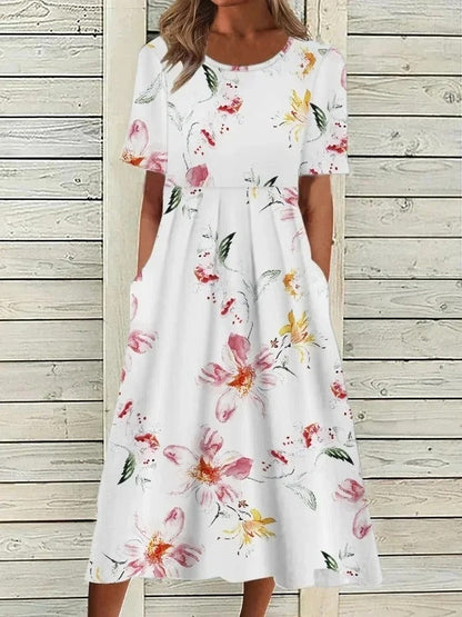 EM | Bedrucktes Midikleid mit Rundhalsausschnitt und Taschen