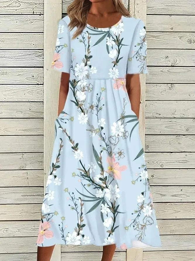 EM | Bedrucktes Midikleid mit Rundhalsausschnitt und Taschen