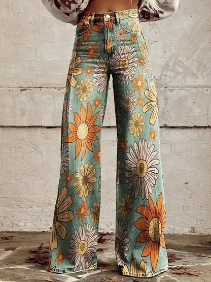 EM |  Bedruckte Denim-Jeans mit hoher Taille und weitem Bein