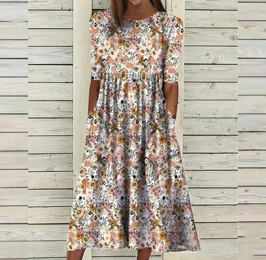 EM | Bedrucktes Midikleid mit Rundhalsausschnitt und Taschen