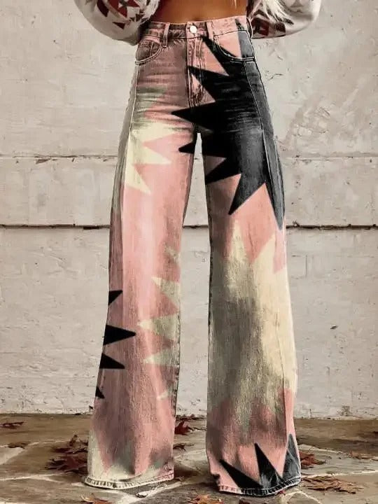 EM |  Bedruckte Denim-Jeans mit hoher Taille und weitem Bein