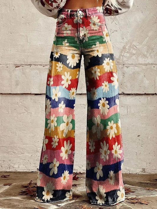 EM |  Bedruckte Denim-Jeans mit hoher Taille und weitem Bein