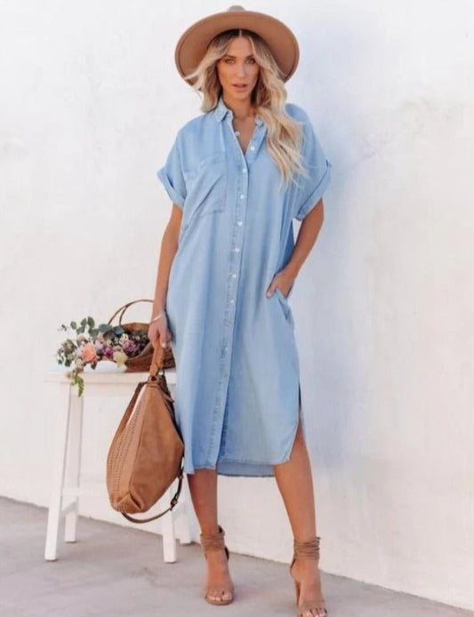 MW | Women's Short-Sleeve Denim Shirt Dress
