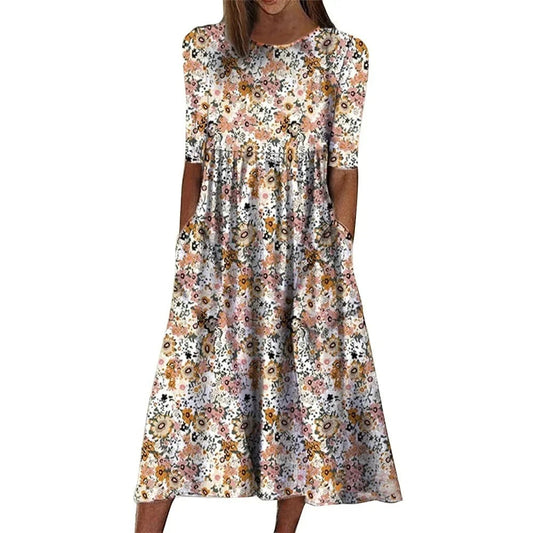 EM | Lässiges ärmelloses Midikleid mit Rundhalsausschnitt und Print