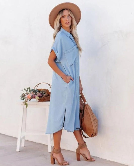 MW | Women's Shirt Dress - Relaxed Fit - Midi Länge - Knopfleiste - Atmungsaktives Gemisch