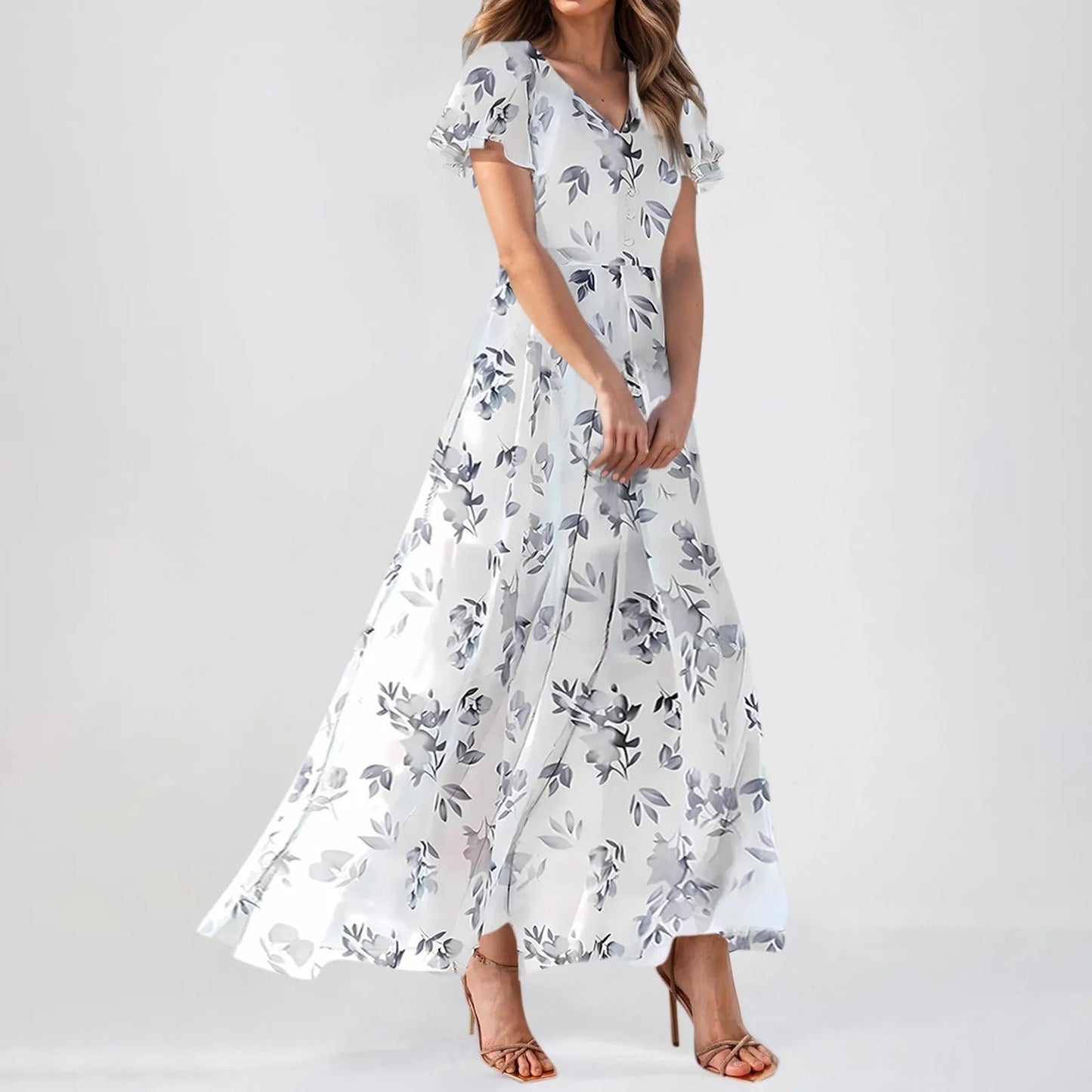 EM | Maxikleid mit gerüschten Ärmeln und Blumendruck