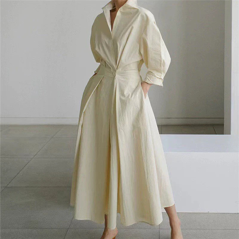 MW | Women's Shirt Dress - Knopfleiste - Cinched Waist - A-Linien-Passform - lange Ärmel - Taschen