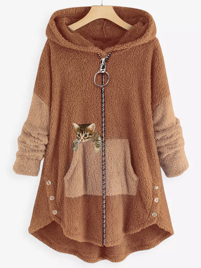 EM | Kuschelige Fleece-Kapuzenjacke mit liebenswertem Katzenprint