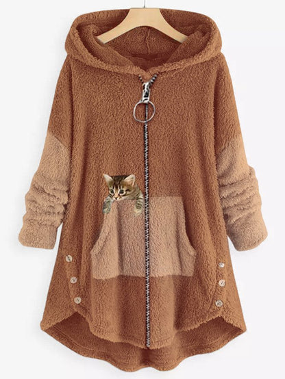 EM | Kuschelige Fleece-Kapuzenjacke mit liebenswertem Katzenprint