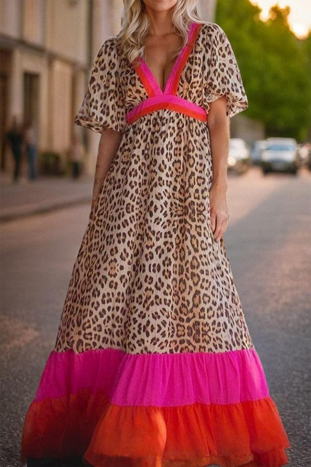 MW | Maxikleid mit Leopardenmuster und Puffärmeln für Frauen