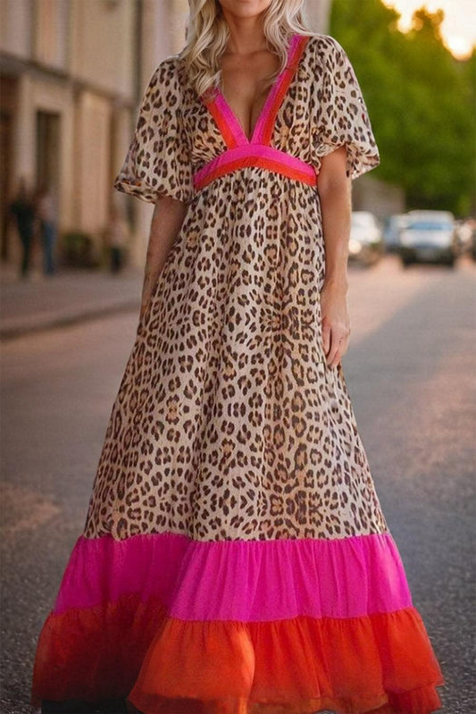 MW | Maxikleid mit Leopardenmuster und Puffärmeln für Frauen
