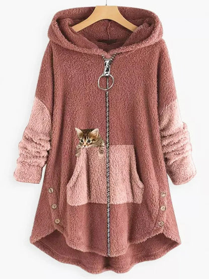 EM | Kuschelige Fleece-Kapuzenjacke mit liebenswertem Katzenprint
