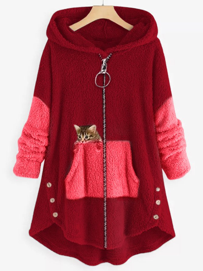 EM | Kuschelige Fleece-Kapuzenjacke mit liebenswertem Katzenprint