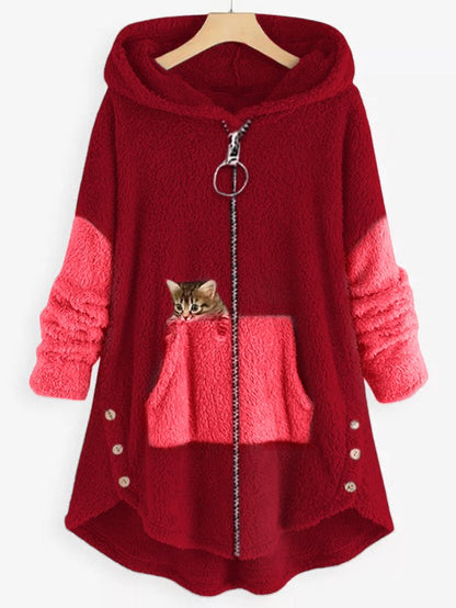 EM | Kuschelige Fleece-Kapuzenjacke mit liebenswertem Katzenprint