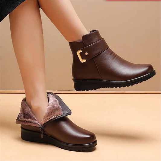 MW Genuine Leather Metal Buckle Velvet Boots