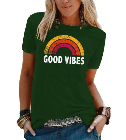 EM | Elegantes Retro-Regenbogen-Good-Vibes-T-Shirt