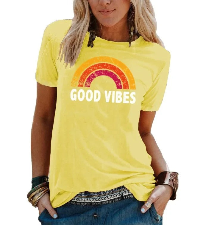 EM | Elegantes Retro-Regenbogen-Good-Vibes-T-Shirt