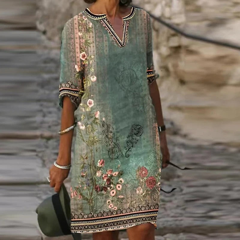 EM | Grünes Midikleid mit V-Ausschnitt und Blumenmuster