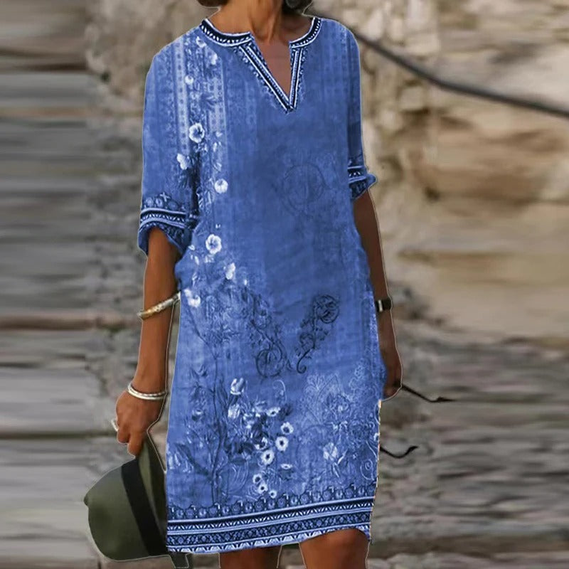 EM | Grünes Midikleid mit V-Ausschnitt und Blumenmuster