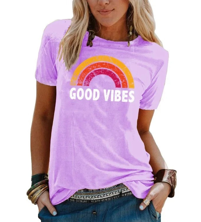 EM | Elegantes Retro-Regenbogen-Good-Vibes-T-Shirt